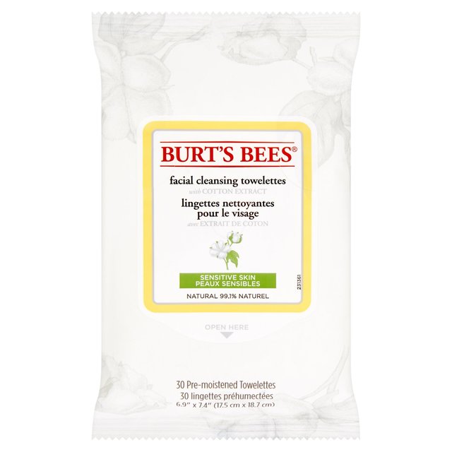 Burt's Bienen empfindliche Gesichtsbereinigungstücher mit Baumwollextrakt 30 pro Pack